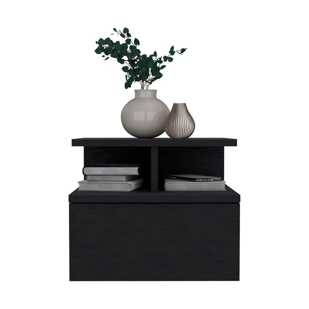 Black Floating Nightstand with Single Drawer and 2-Tier Shelf G49861