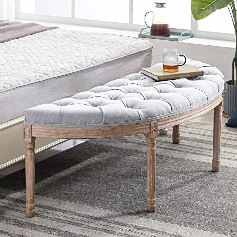 Vintage Upholstered Fabric Bench with Rubberwood Legs F56577