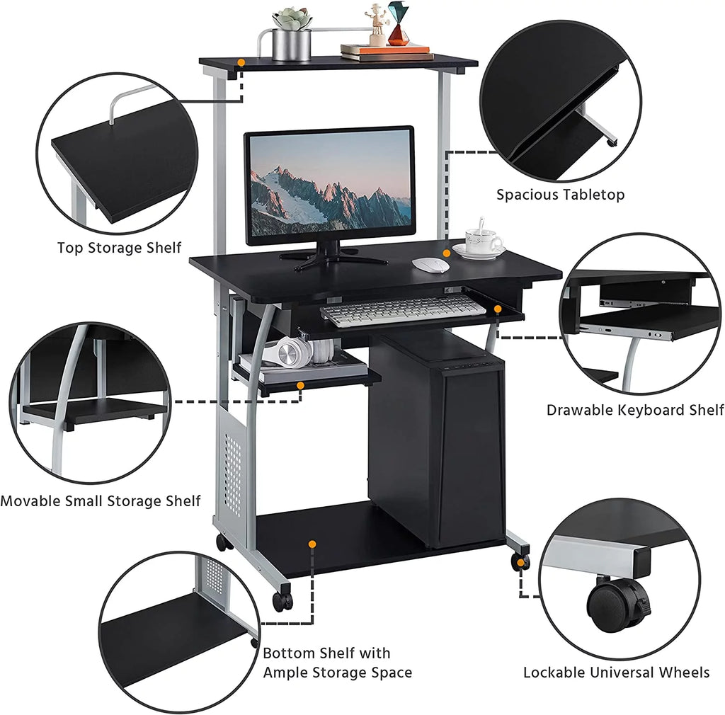 Black 2 Tier Mobile Computer Desk with Printer Shelf H260
