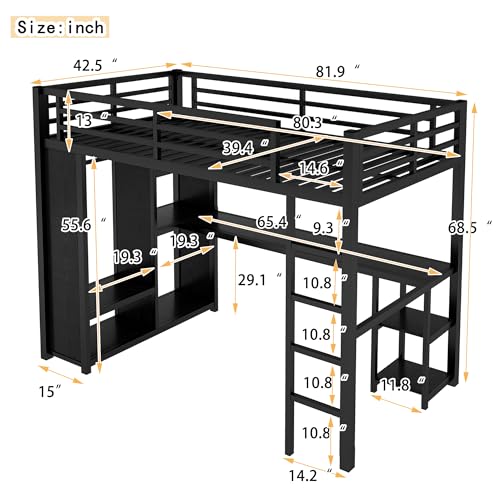 Twin XL Black Metal Loft Bed with Desk and Wardrobe C83650