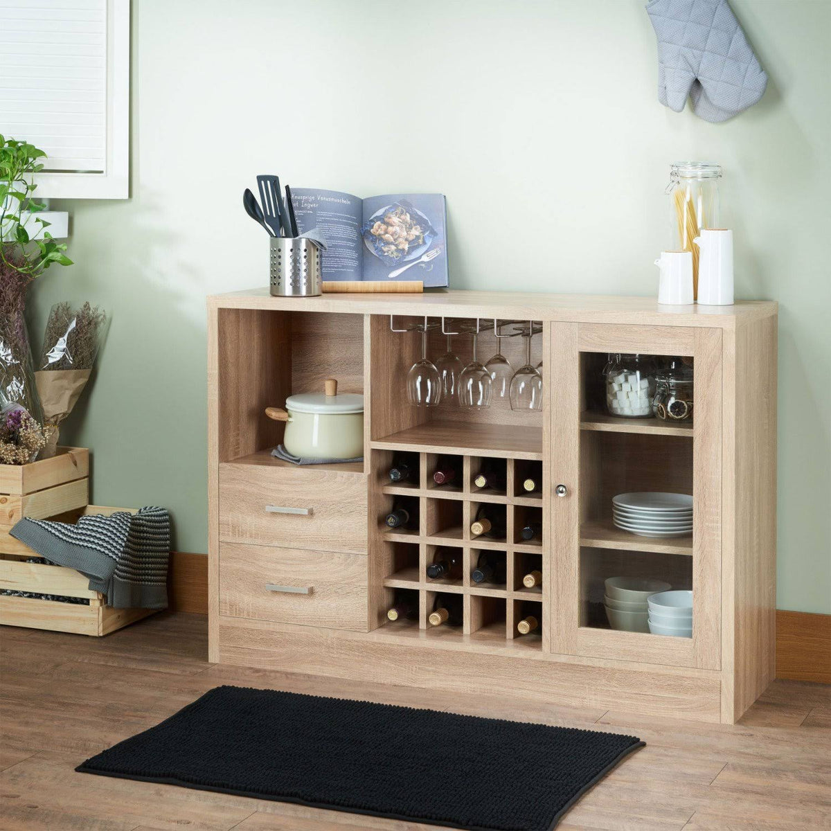 Contemporary Wooden Server with Side Door Storage Cabinets and Two Drawers Brown Q8136