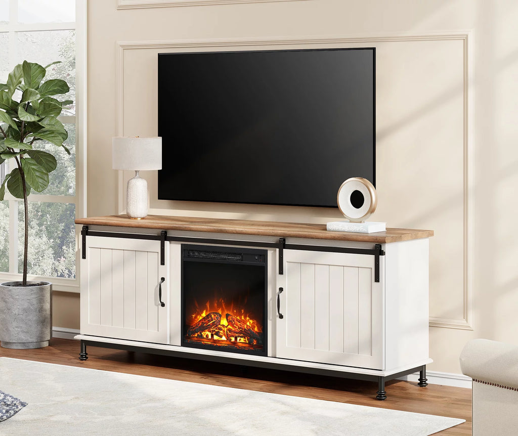 White TV Stand with Electric Fireplace and Sliding Barn Door K537