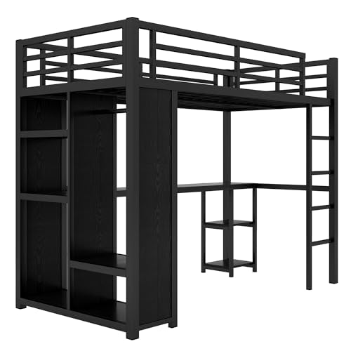 Twin XL Black Metal Loft Bed with Desk and Wardrobe C83650