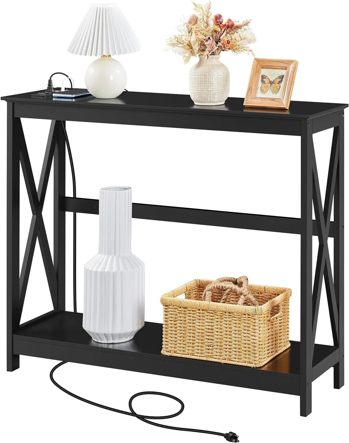 Black Console Table with Outlets and USB Ports W6687
