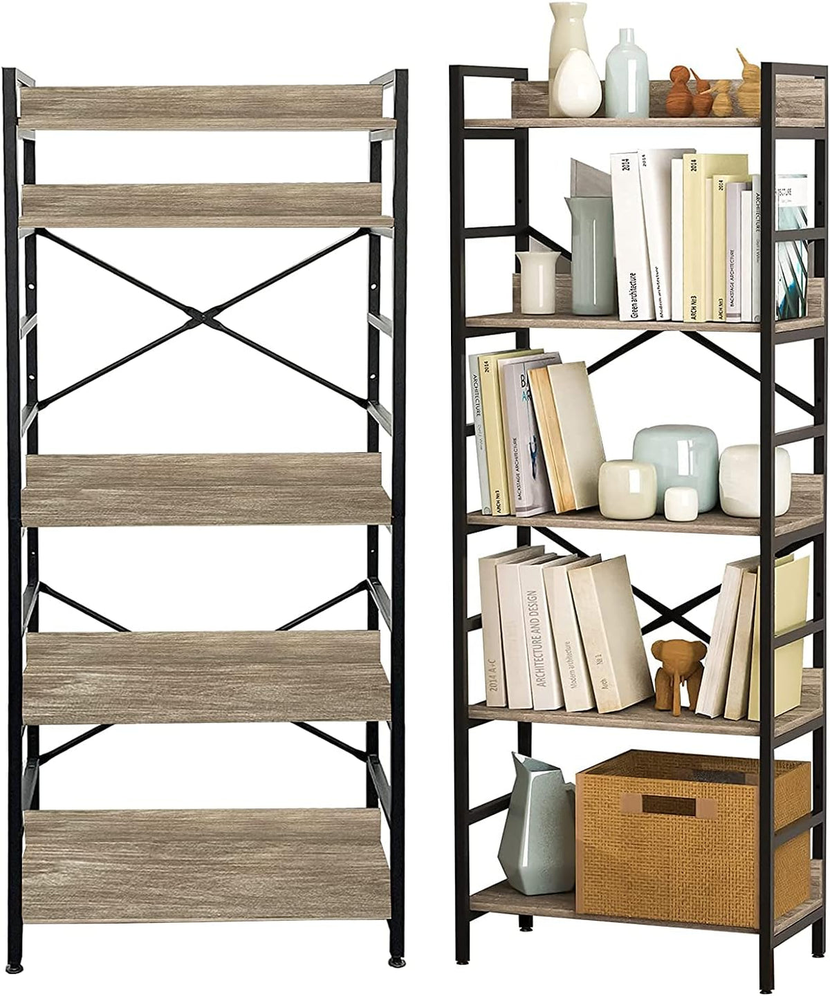 Industrial 4 Tier Tall Bookshelf with Adjustable Shelf, Metal Frame, Rustic Brown J222012