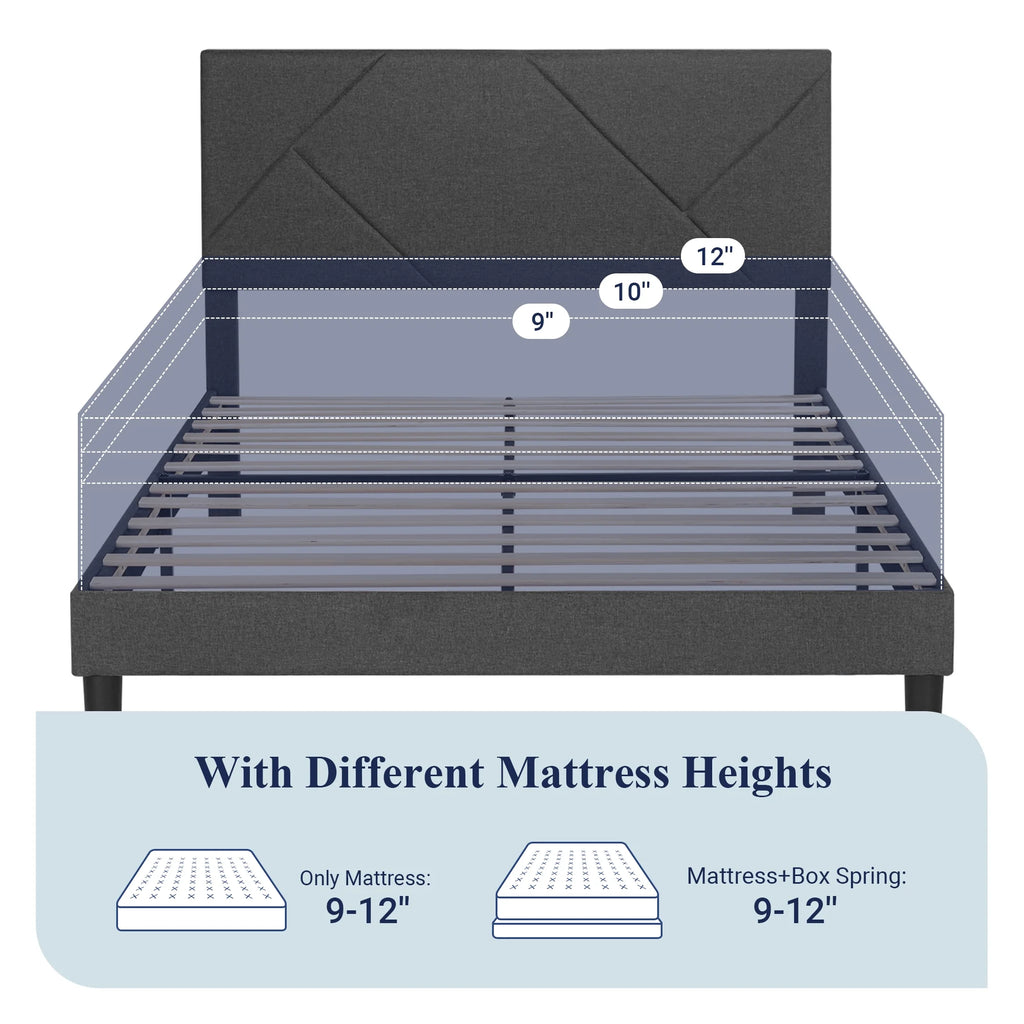 King Size Grey Metal Platform Bed with Upholstered Headboard V9433