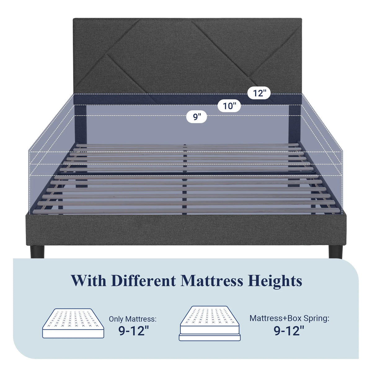 King Size Grey Metal Platform Bed with Upholstered Headboard V9433