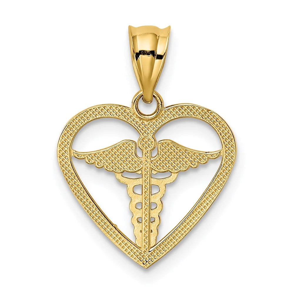14K Yellow Gold Caduceus Heart Pendant F1816
