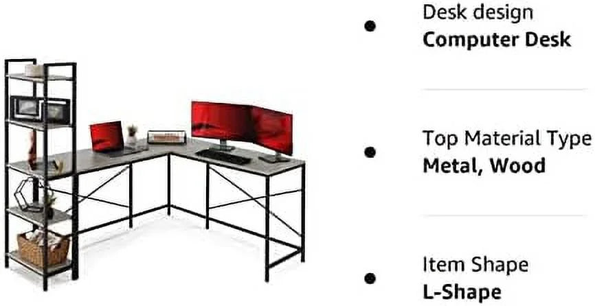 L-Shaped Corner Computer Desk with 5-Tier Bookshelves B66401