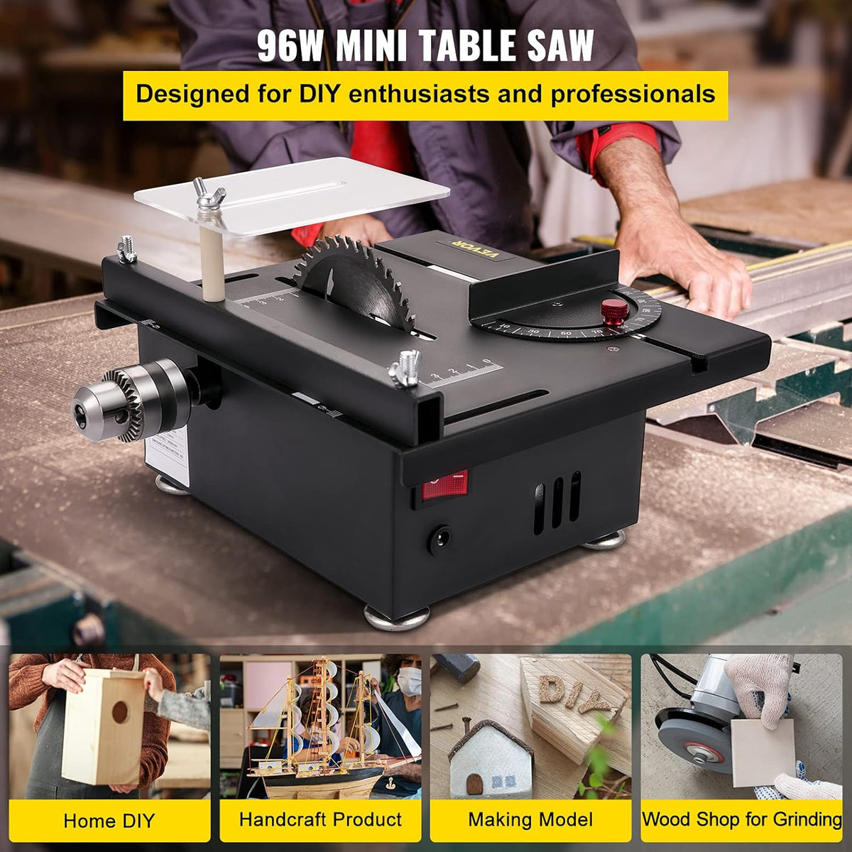 Mini Table Saw, 96W, 0-90 Angle Cutting, 7-Level Speed Adjustable S544605