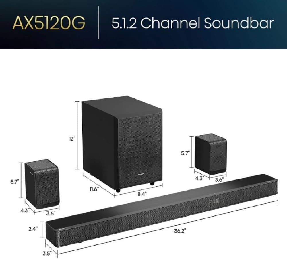 5.1.2 Ch 420W Soundbar with Wireless Subwoofer and Wireless Rear Satellite Speakers, Black K644