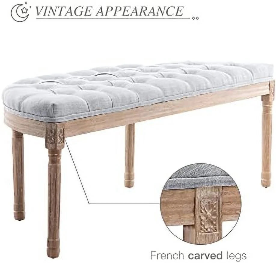 Vintage Upholstered Fabric Bench with Rubberwood Legs F56577
