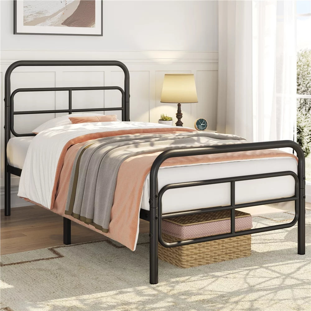 Black Twin Metal Platform Bed with Geometric Patterned Headboard O683717