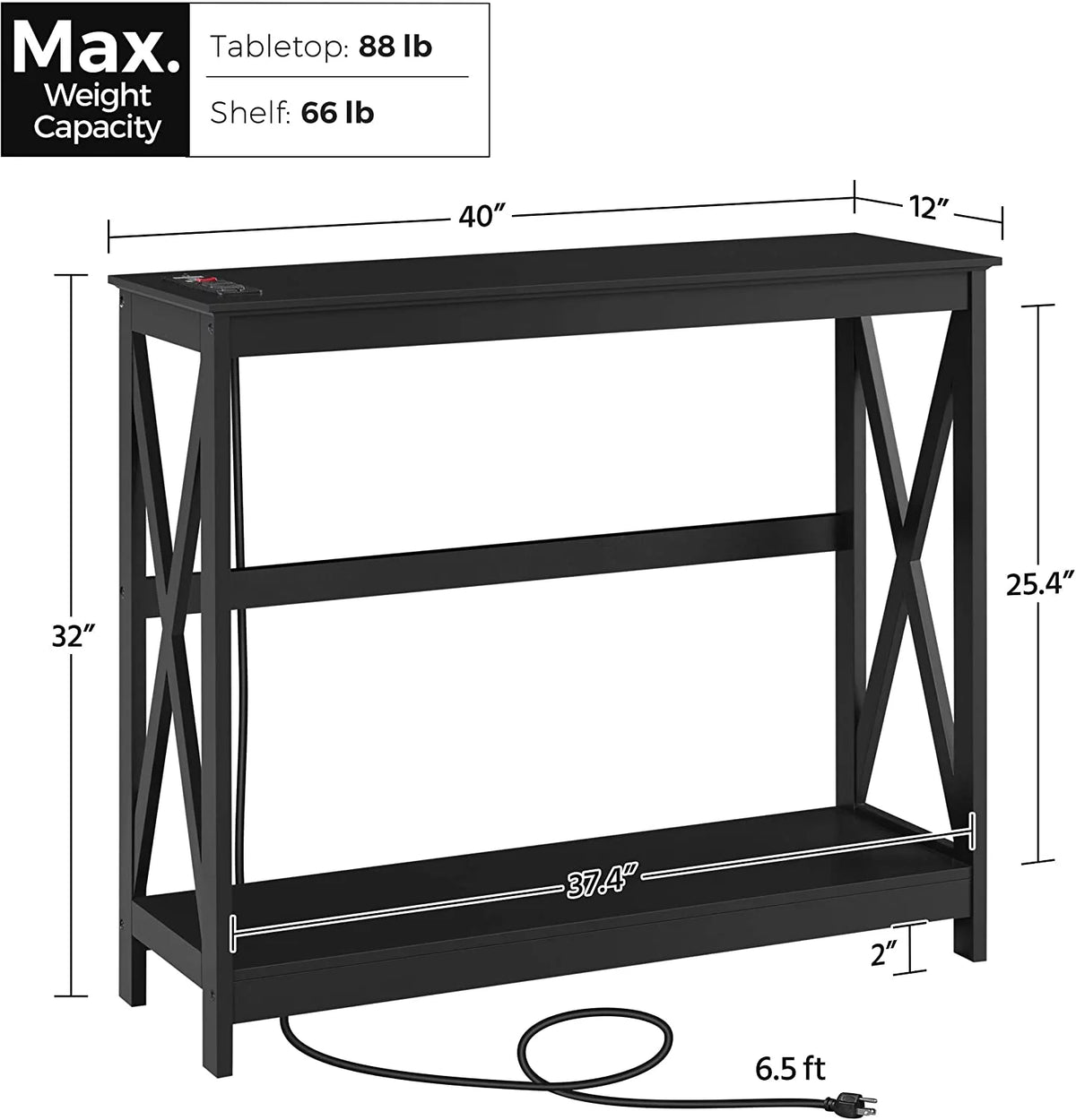 Black Console Table with Outlets and USB Ports W6687