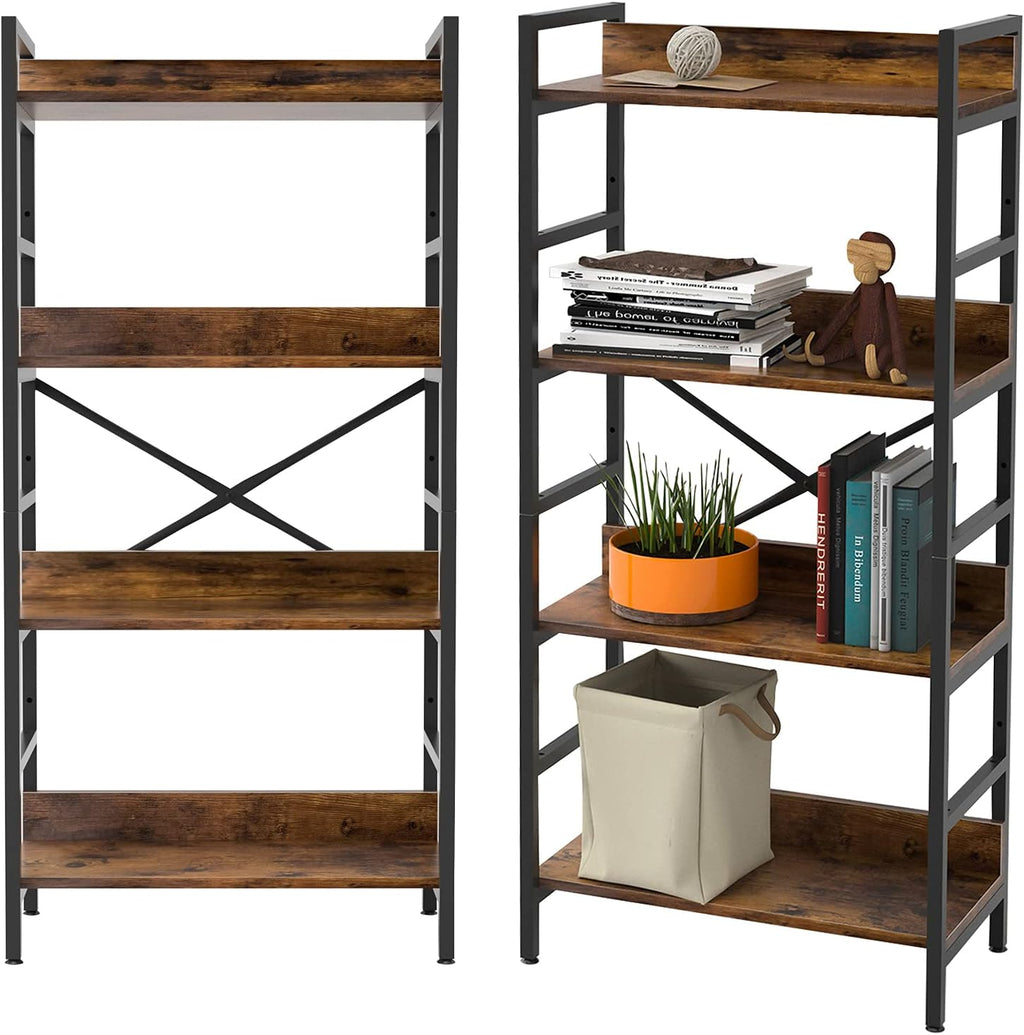 Industrial 4 Tier Tall Bookshelf with Adjustable Shelf, Metal Frame, Rustic Brown J222012