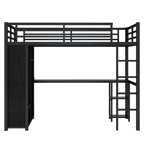Twin XL Black Metal Loft Bed with Desk and Wardrobe C83650