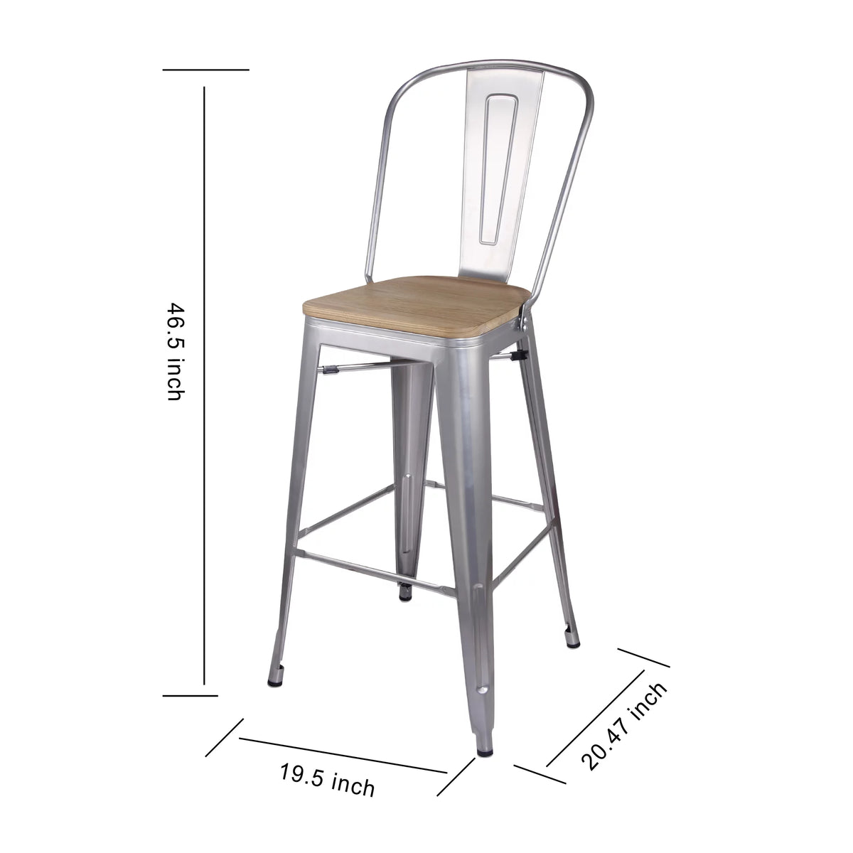 30 Inch Silver High Back Counter Height Metal Barstool with Light Wood Seat, Set of 4 N257947