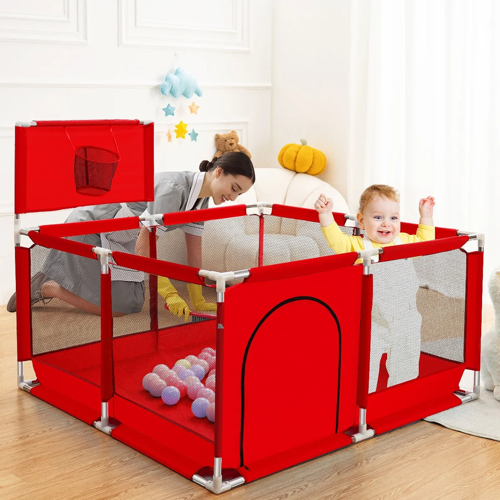 Portable 4-Panel Baby Playpen with Basketball Hoop, Grey R8635