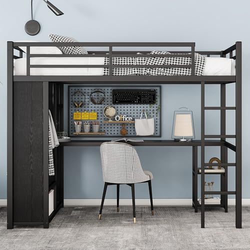 Twin XL Black Metal Loft Bed with Desk and Wardrobe C83650