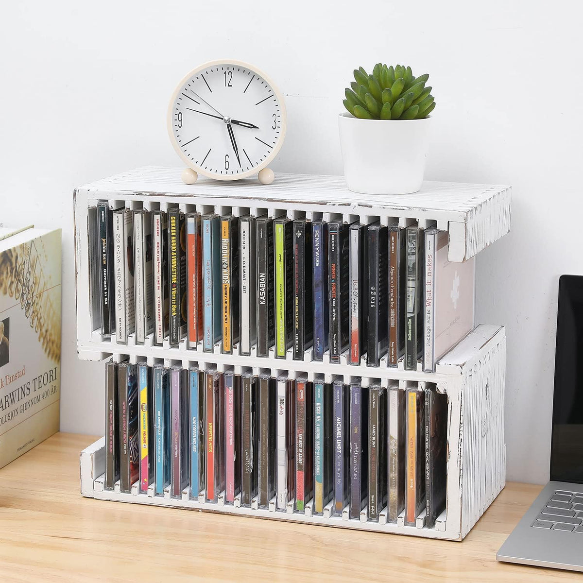 2-Tier White Solid Wood Wall Mounted CD Storage Rack Z98111