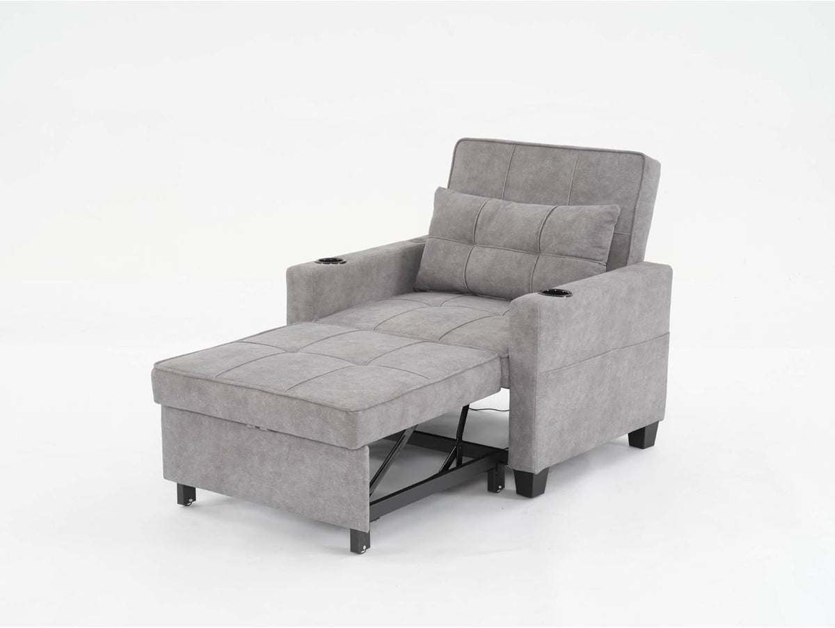 Light Grey 3-in-1 Pull Out Sleeper Chair Bed with USB Ports C8065