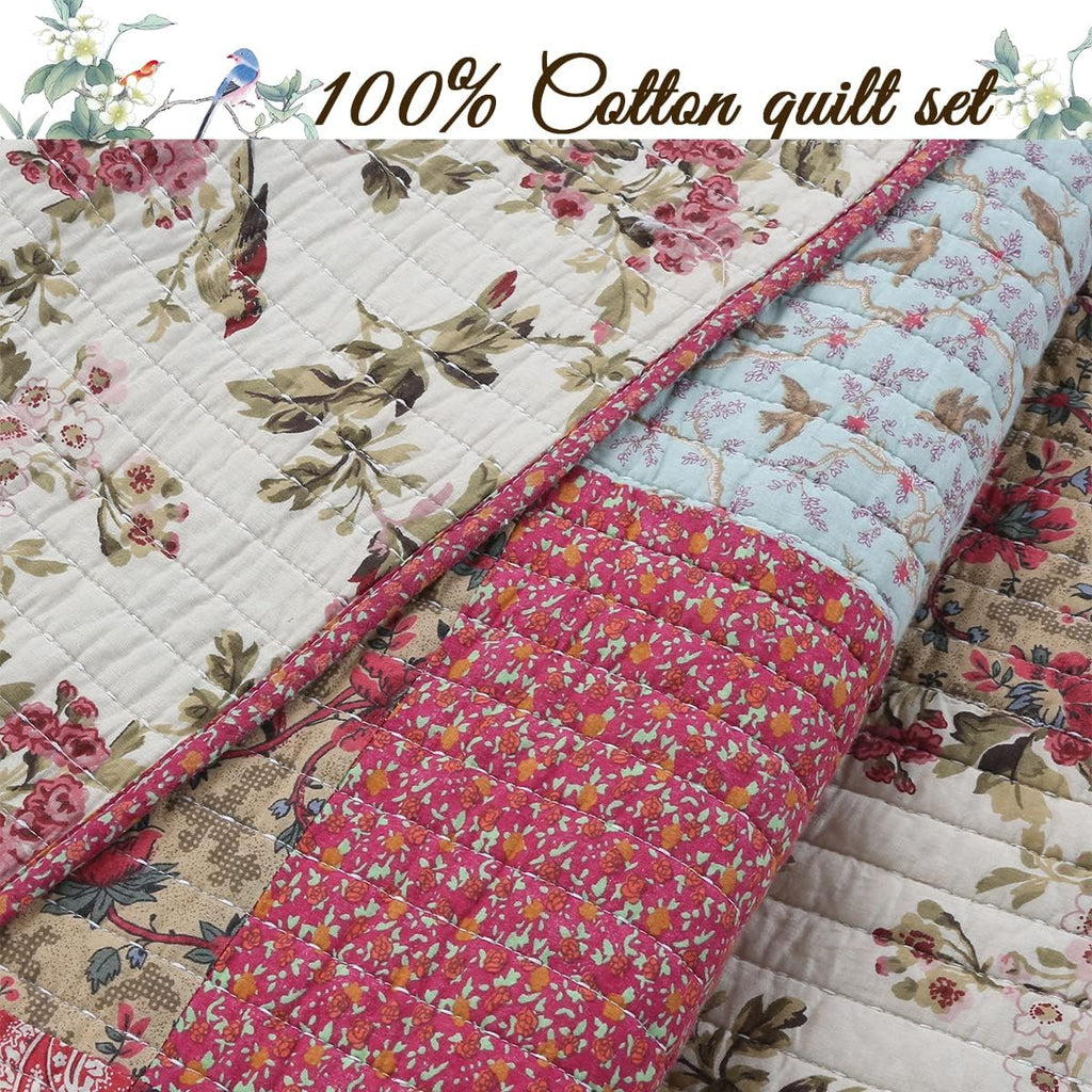 Red Teal Khaki Floral 100% Cotton Reversible Coverlet Bedspread Quilt Bedding Set (Queen - 3 Piece) A146