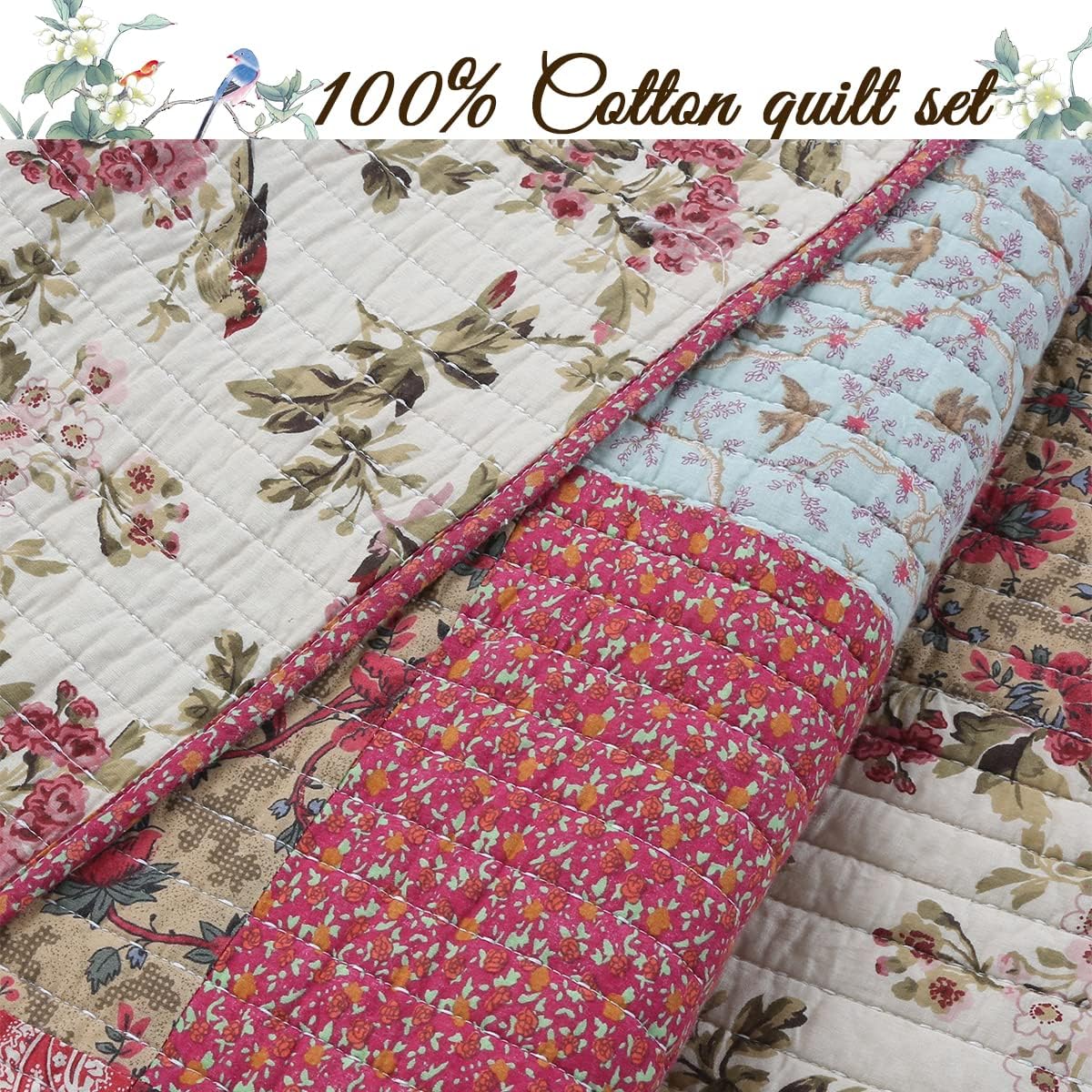 Red Teal Khaki Floral 100% Cotton Reversible Coverlet Bedspread Quilt Bedding Set (Queen - 3 Piece) A146