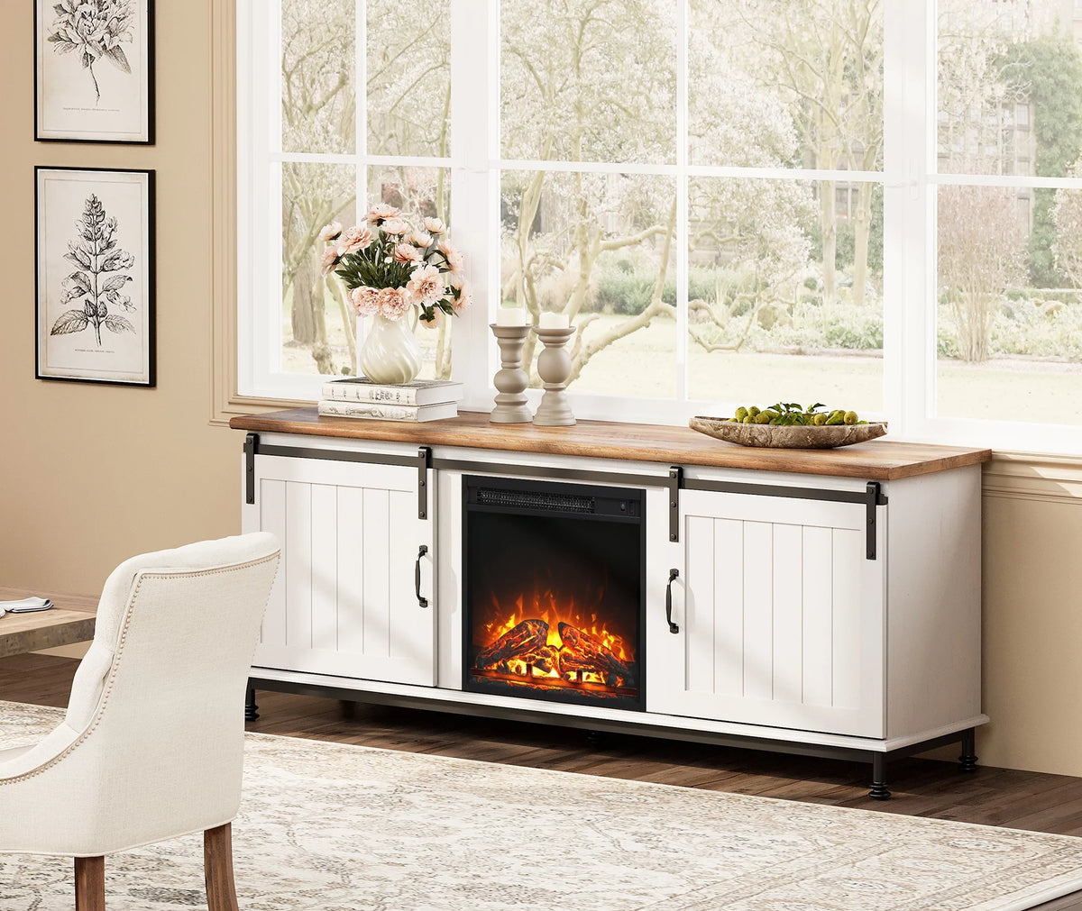 White TV Stand with Electric Fireplace and Sliding Barn Door K537