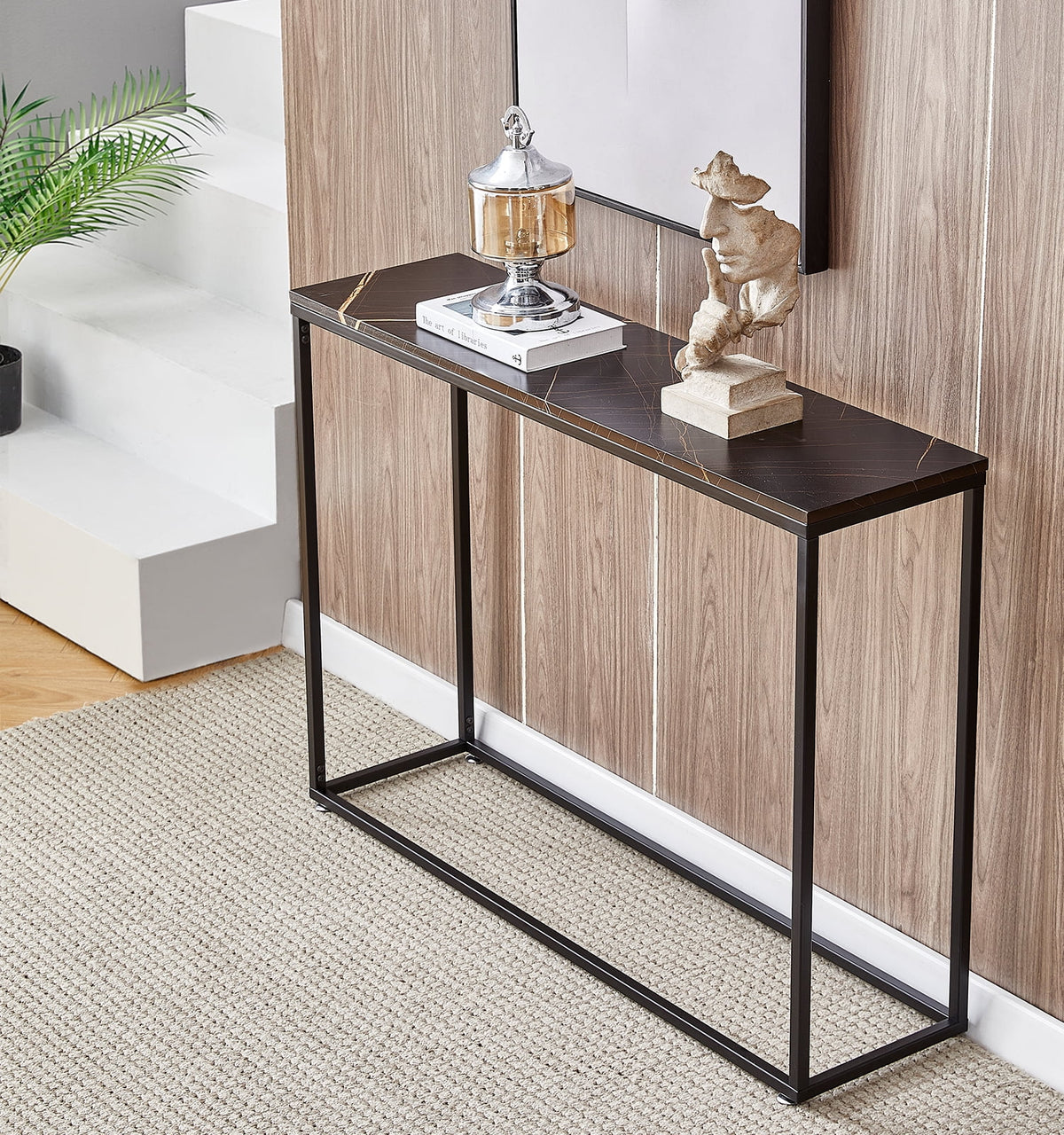 Black Narrow Console Table with Metal Frame and MDF Tabletop Q9993