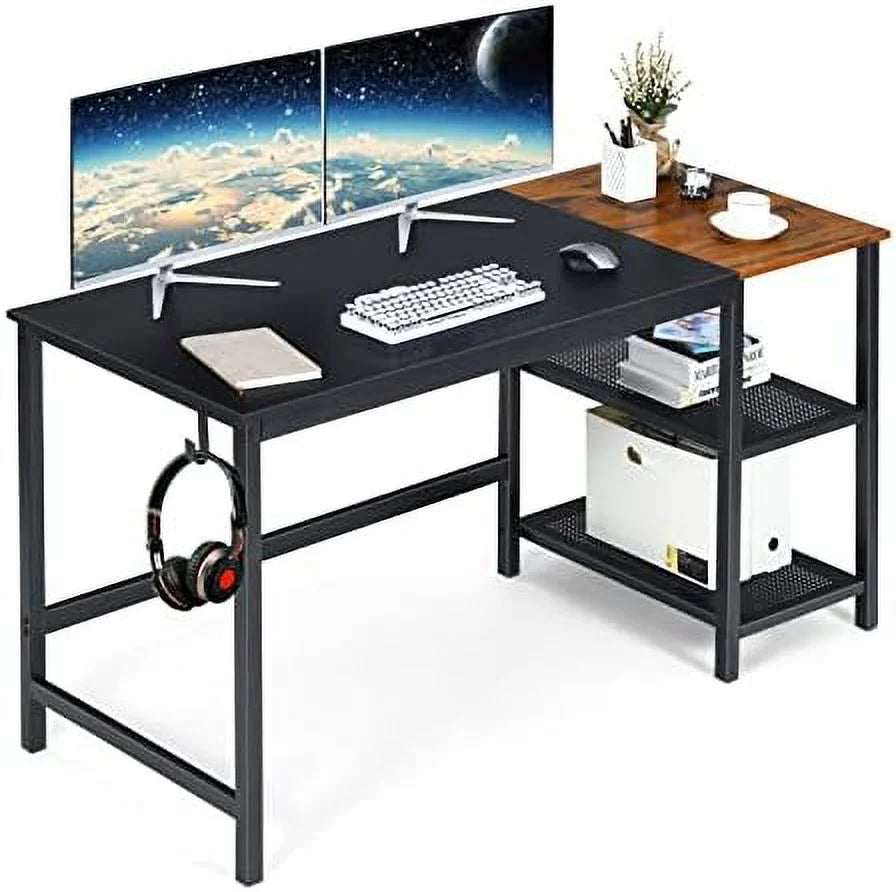 59 Inch Computer Desk with Charging Station and 2 Tier Shelves E866