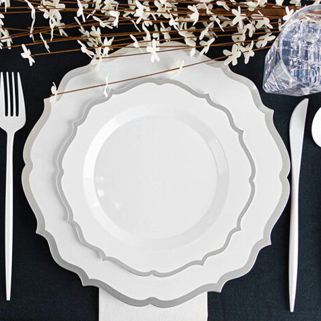 60 PACK White 10.5 inch Round Plastic Plates with Silver Rim C729