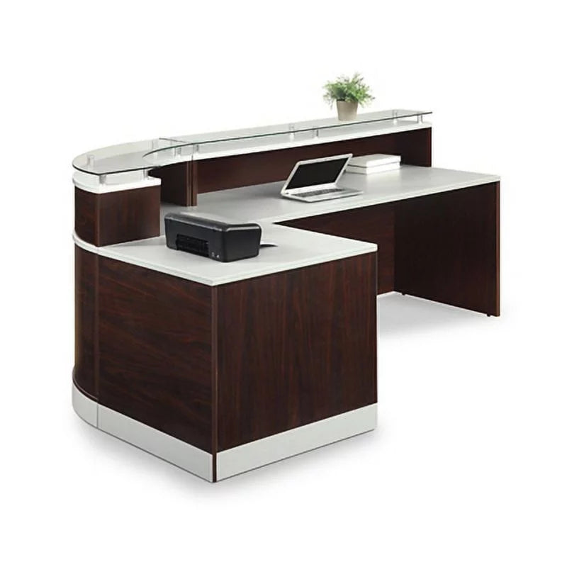 Glass Top Reception Desk Mahogany Laminate Silver C9806