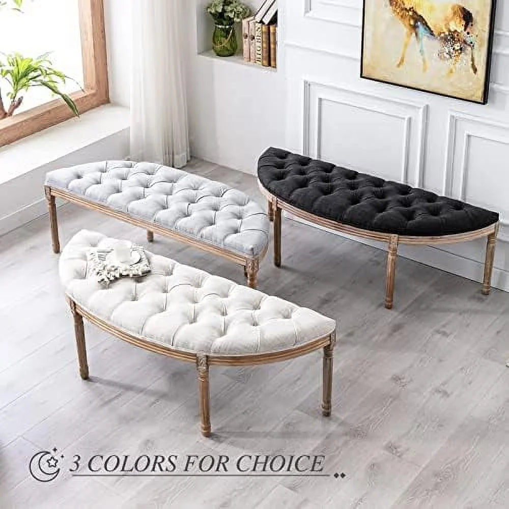 Vintage Upholstered Fabric Bench with Rubberwood Legs F56577
