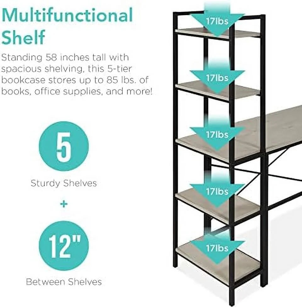 L-Shaped Corner Computer Desk with 5-Tier Bookshelves B66401