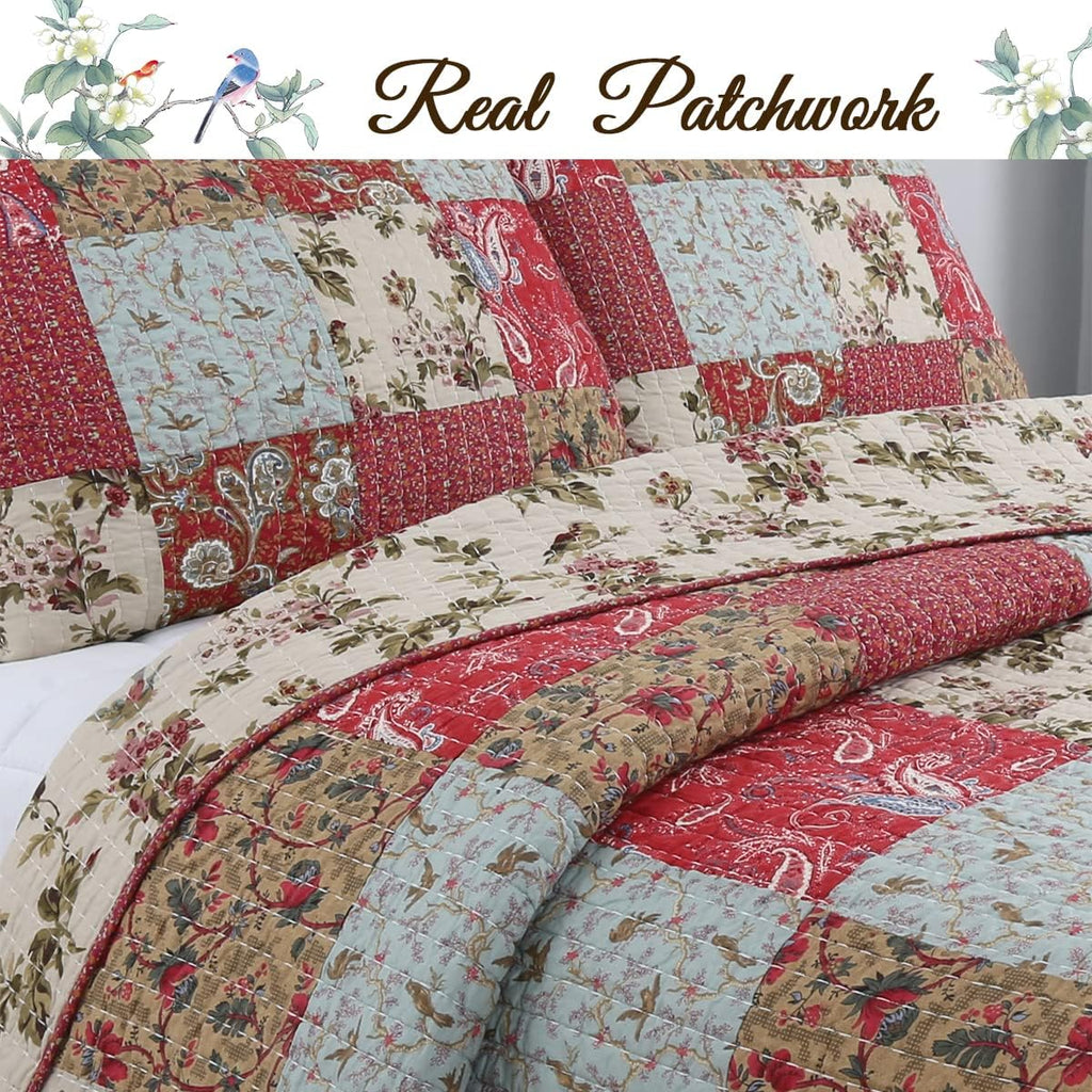 Red Teal Khaki Floral 100% Cotton Reversible Coverlet Bedspread Quilt Bedding Set (Queen - 3 Piece) A146