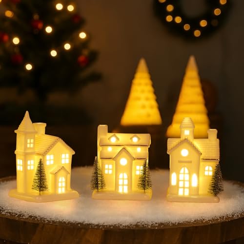 3Pcs Light Up Porcelain Christmas Village Houses with 4Pcs Christmas Trees LED Lighted Tabletop Figurines F81373