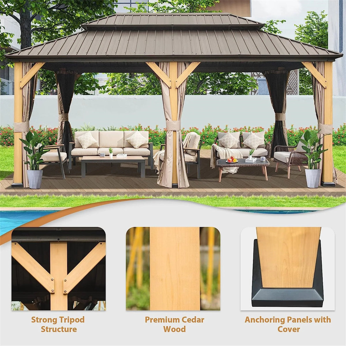 12'x20' Outdoor Gazebo Double Roof Galvanized Steel Canopy Cedar Wood Frame with Netting & Curtains D85182