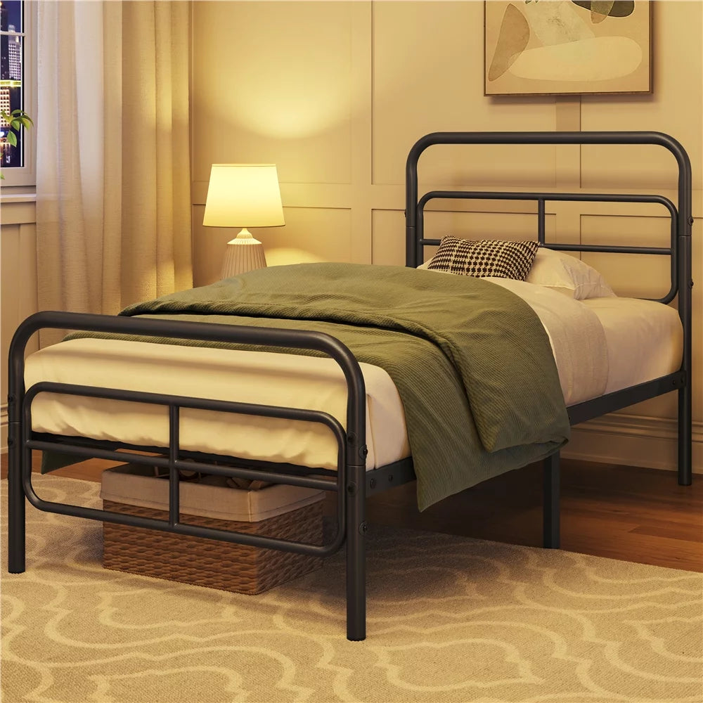 Black Twin Metal Platform Bed with Geometric Patterned Headboard O683717