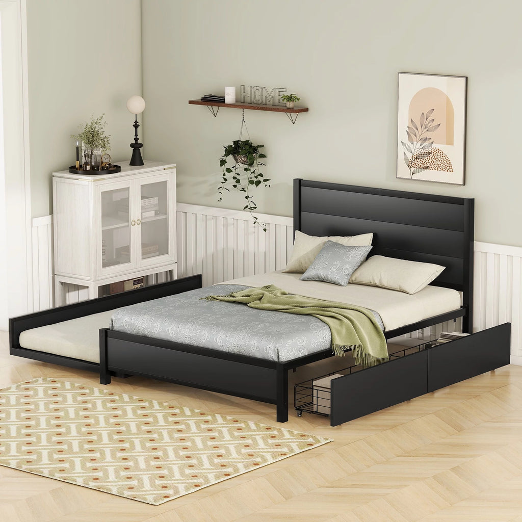 Black Metal Full Size Platform Bed with Twin Trundle and 2 Drawers H46636