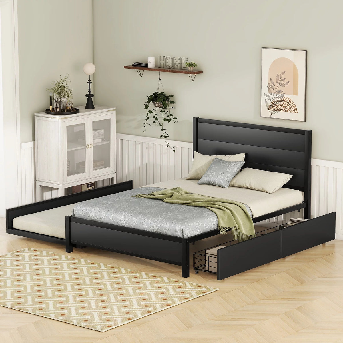 Black Metal Full Size Platform Bed with Twin Trundle and 2 Drawers H46636