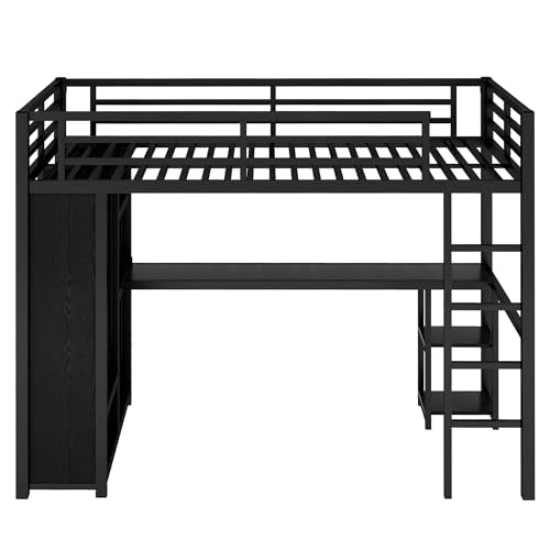 Twin XL Black Metal Loft Bed with Desk and Wardrobe C83650