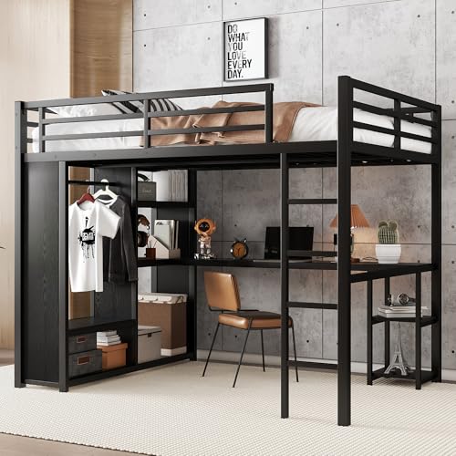 Twin XL Black Metal Loft Bed with Desk and Wardrobe C83650