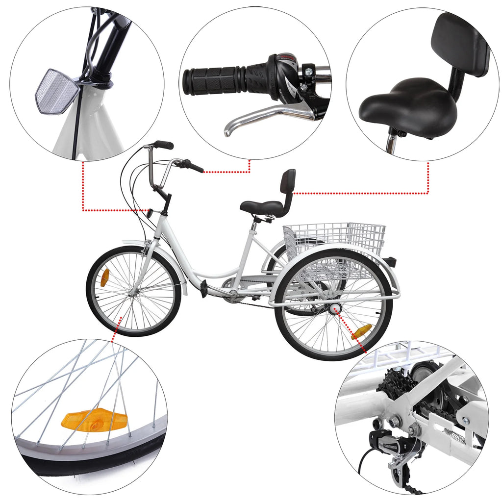 White 24" 3-Wheel Adult Tricycle Bike with Basket J773