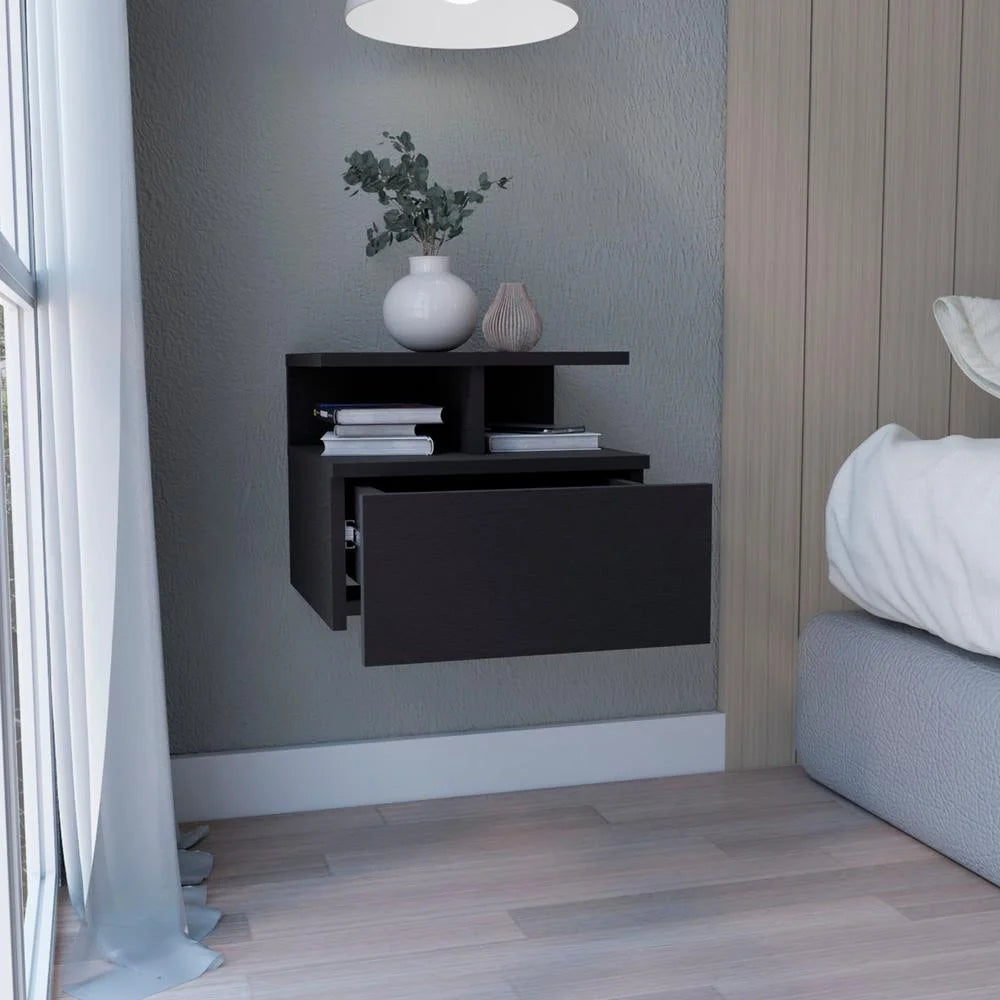 Black Floating Nightstand with Single Drawer and 2-Tier Shelf G49861