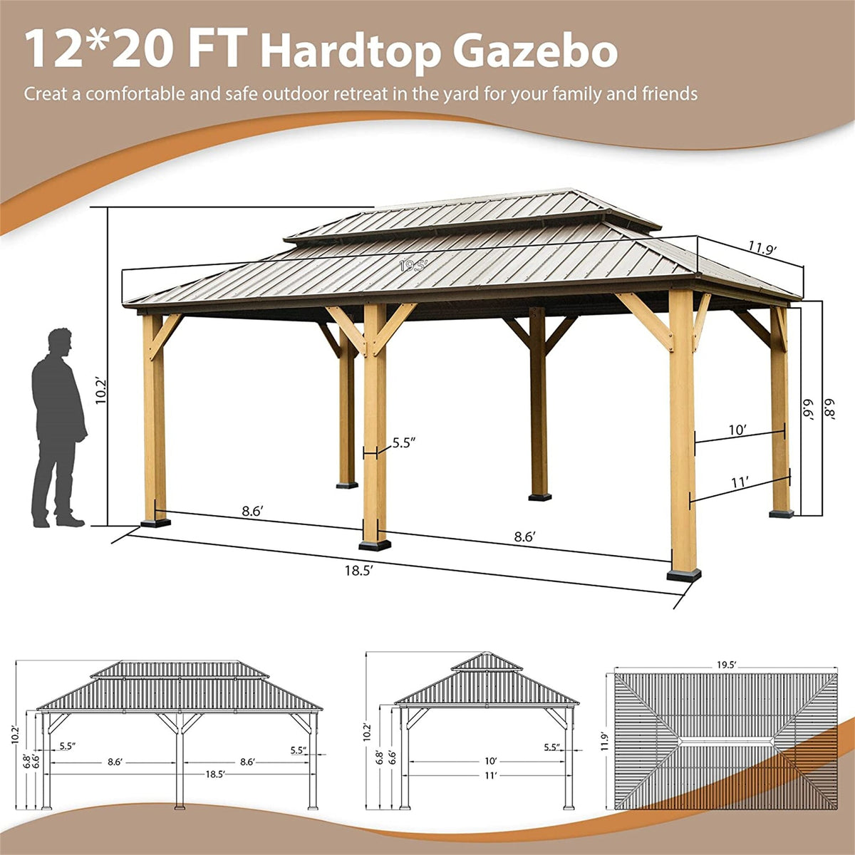 12'x20' Outdoor Gazebo Double Roof Galvanized Steel Canopy Cedar Wood Frame with Netting & Curtains D85182
