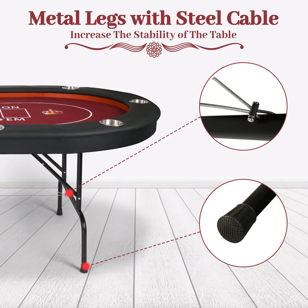 Foldable Poker Table 10 Players Red Felt W6780