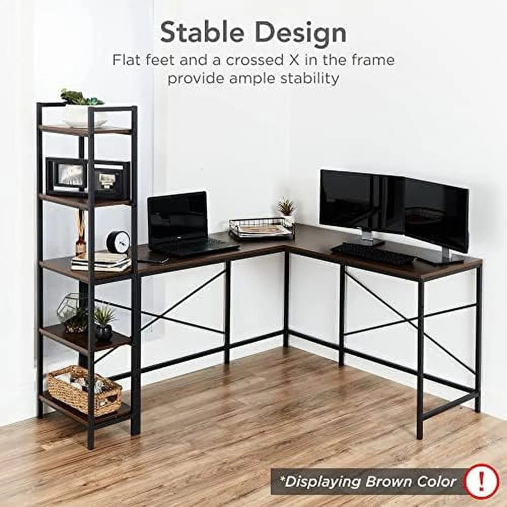 L-Shaped Corner Computer Desk with 5-Tier Bookshelves B66401