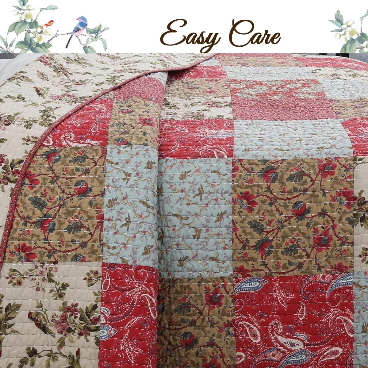 Red Teal Khaki Floral 100% Cotton Reversible Coverlet Bedspread Quilt Bedding Set (Queen - 3 Piece) A146