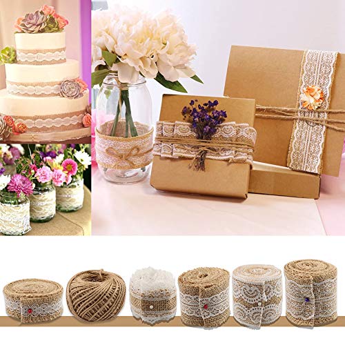 24 Burlap Flowers and Bowknots, 5 Lace Burlap Ribbon Rolls, 1 Twine Ribbon and Glue Point S549471