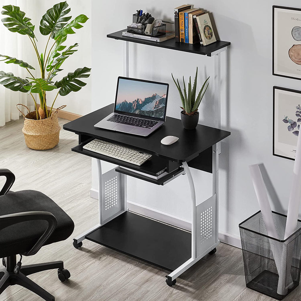 Black 2 Tier Mobile Computer Desk with Printer Shelf H260